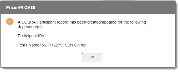 COBRA Participant Record Update Confirmation Message
