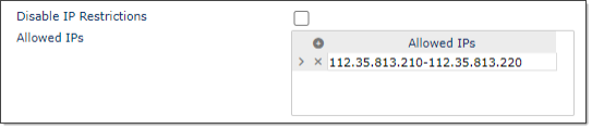 Example IP address range entered on the web service user form