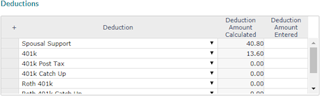 Example deductions grid with calculated amounts